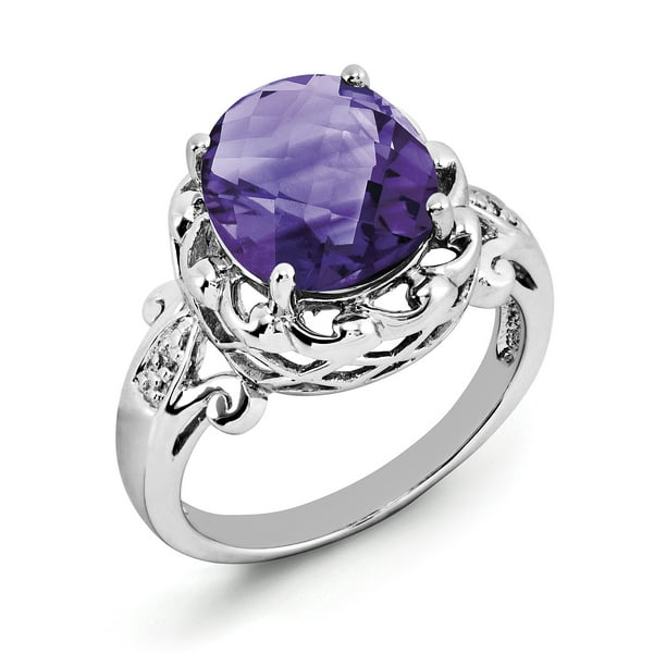Sterling Silver Rhodium-plated Checker-Cut Amethyst & Diamond Ring Sterling Silver Rhodium-plated Checker-Cut Amethyst & Diamond Ring